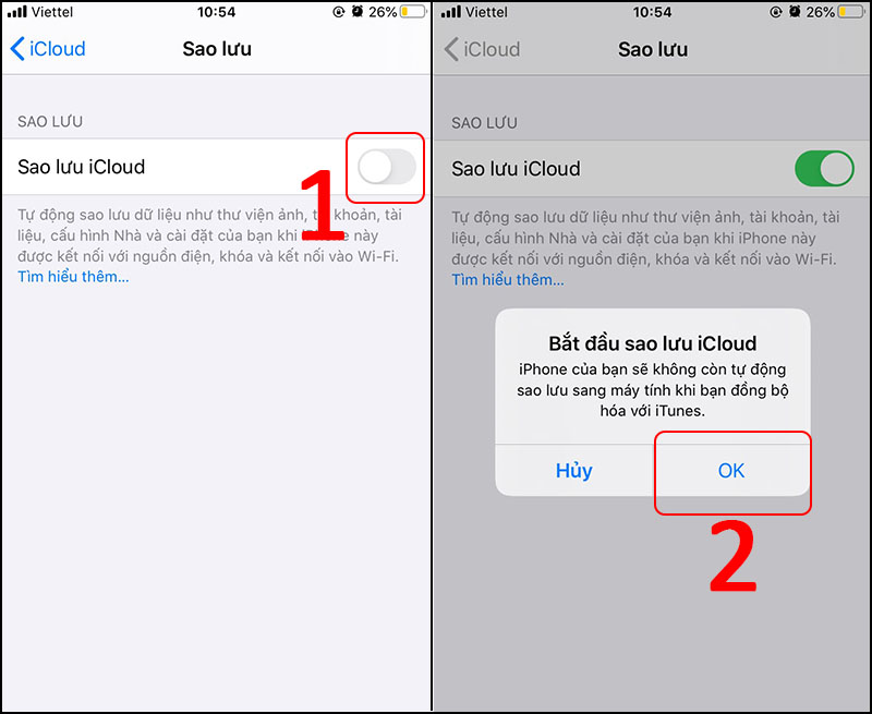 Gạt nút sang phải để bật Sao lưu iCloud > Chọn OK để hoàn tất.